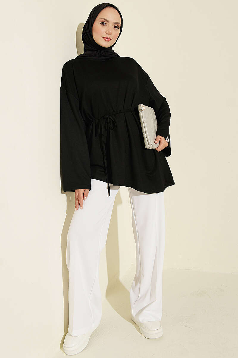 Lace-Up Tunic with Patch Detail Black - Image 2