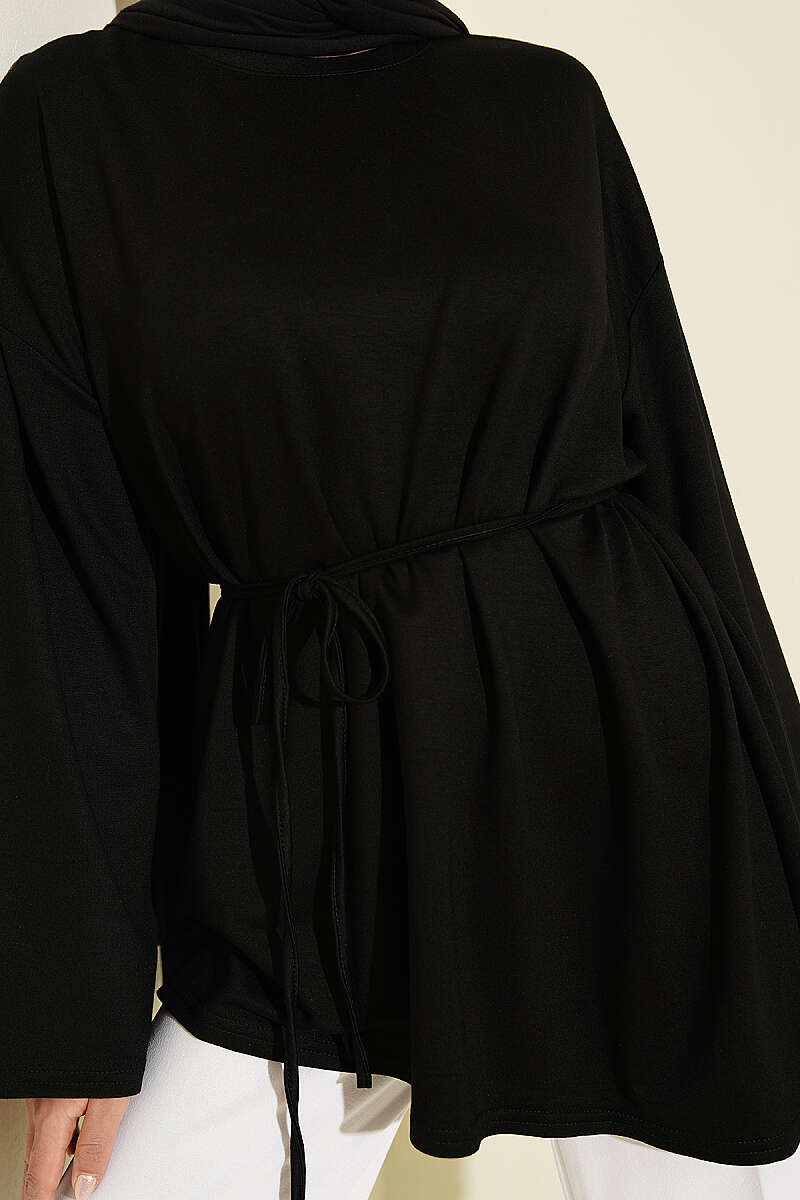 Lace-Up Tunic with Patch Detail Black - Image 4