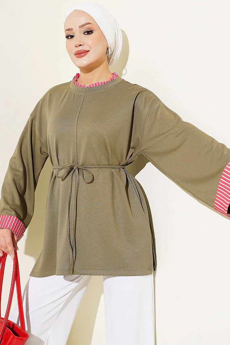 Rope-Tie Striped French Terry Tunic Khaki