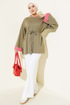 Alternative view of Rope-Tie Striped French Terry Tunic Khaki