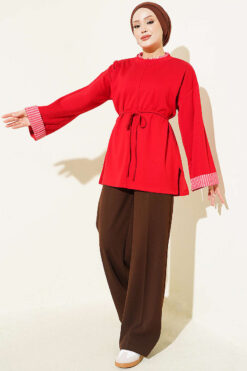 Alternative view of Rope-Tie Striped French Terry Tunic Red