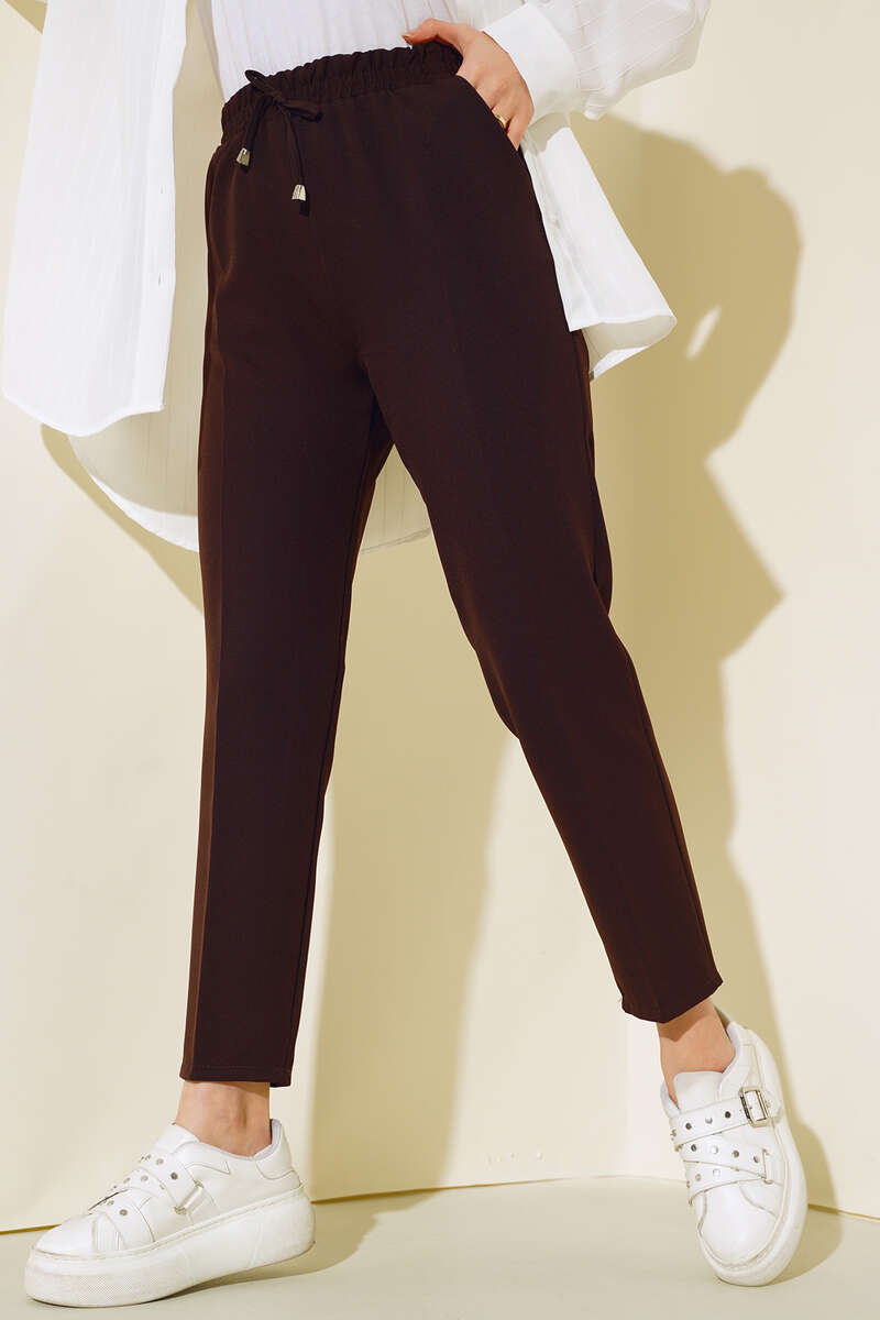 Belted Tapered Pants with String Detail Dark Brown