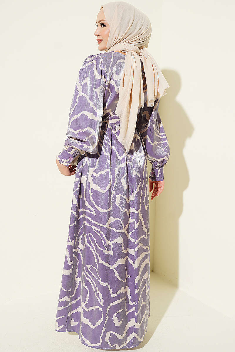 Jacquard Sleeve Pleated Dress Lilac - الصورة 3