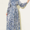 Jacquard Sleeve Pleated Dress Blue