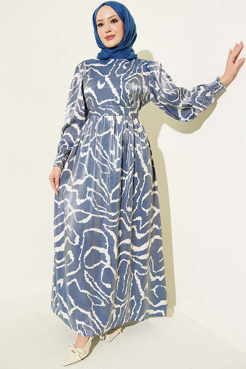 Jacquard Sleeve Pleated Dress Blue