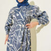 Jacquard Sleeve Pleated Dress Blue - Image 2