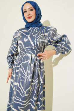 Alternative view of Jacquard Sleeve Pleated Dress Blue