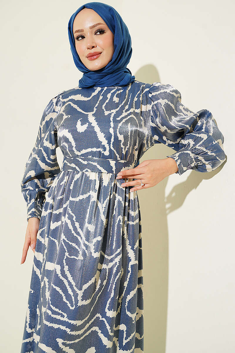 Jacquard Sleeve Pleated Dress Blue - Image 2