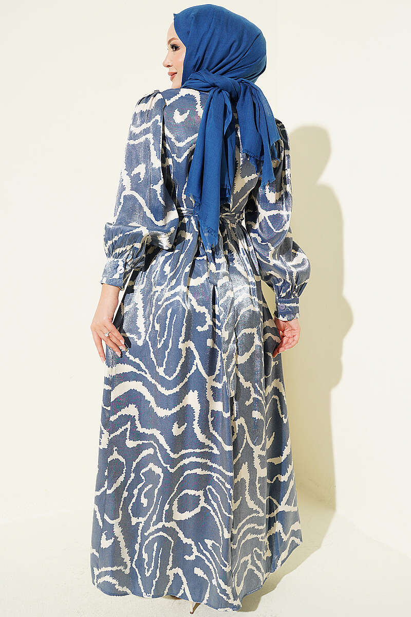 Jacquard Sleeve Pleated Dress Blue - Image 3