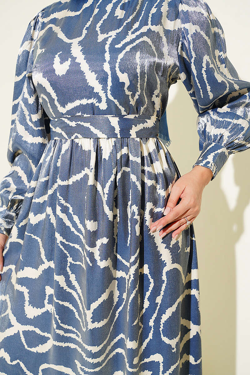 Jacquard Sleeve Pleated Dress Blue - Image 4