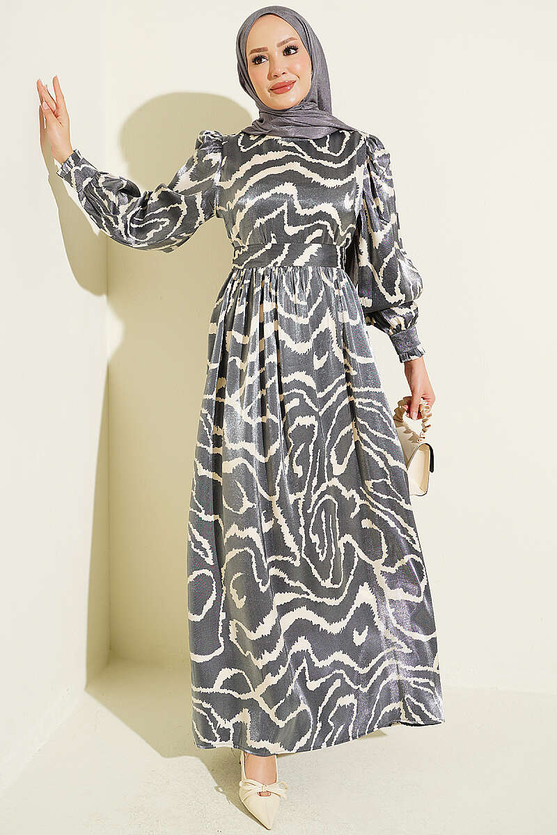 Jacquard Sleeve Pleated Dress Black