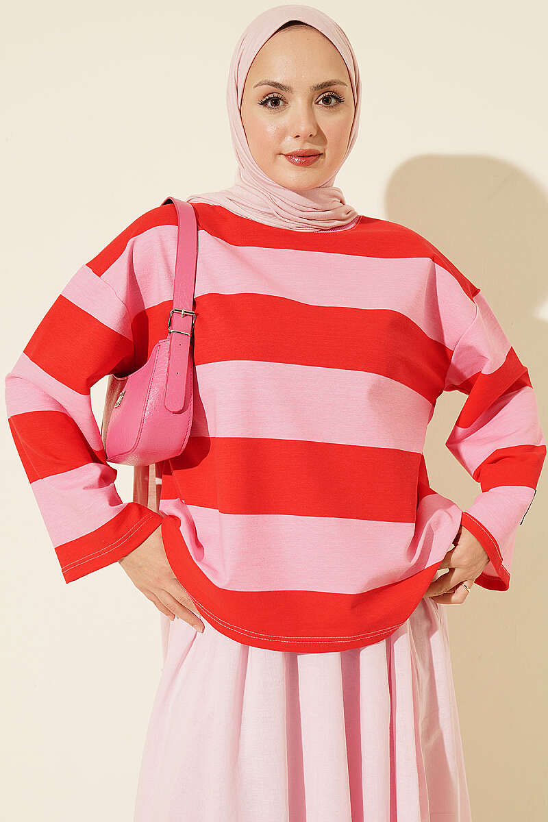 Striped French Terry Two-Thread Knit Tunic Pink - Image 5