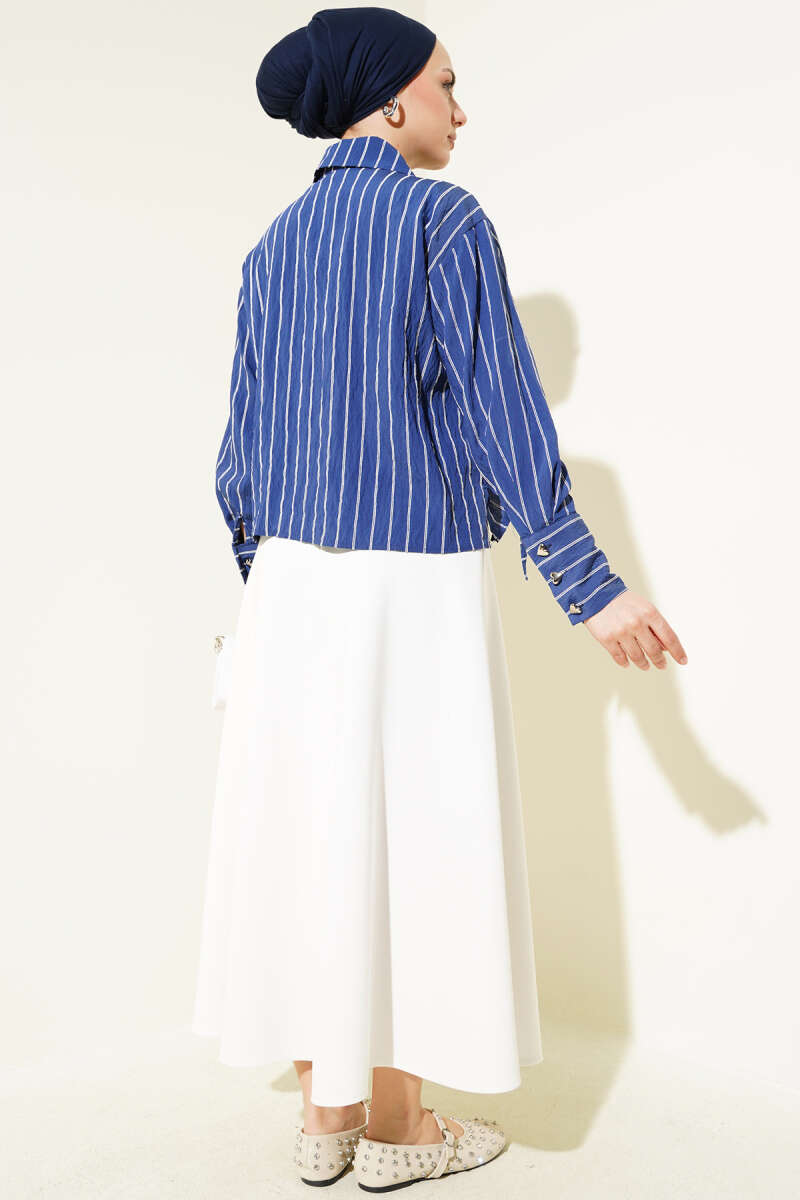 Heart Buttoned Front Gathered Short Shirt Navy Blue - immagine 3