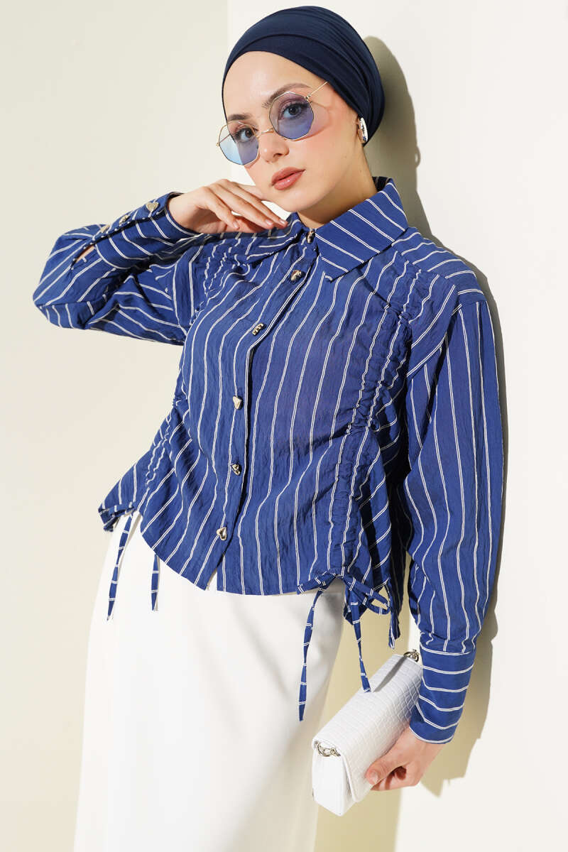 Heart Buttoned Front Gathered Short Shirt Navy Blue