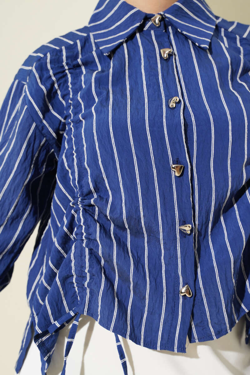 Heart Buttoned Front Gathered Short Shirt Navy Blue - immagine 4