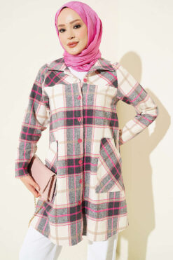 Hooded Pocketed Flannel Shirt Pink