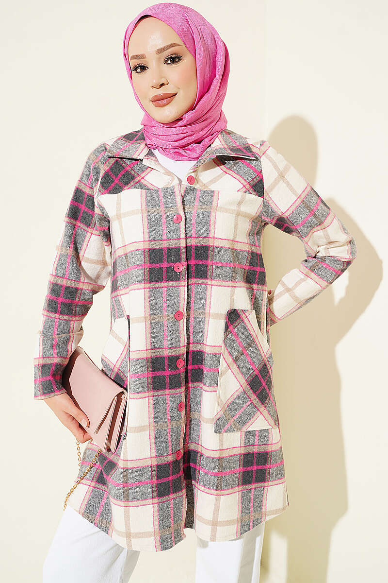 Hooded Pocketed Flannel Shirt Pink