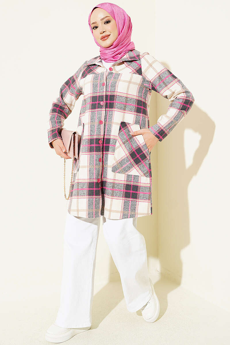 Hooded Pocketed Flannel Shirt Pink - الصورة 2