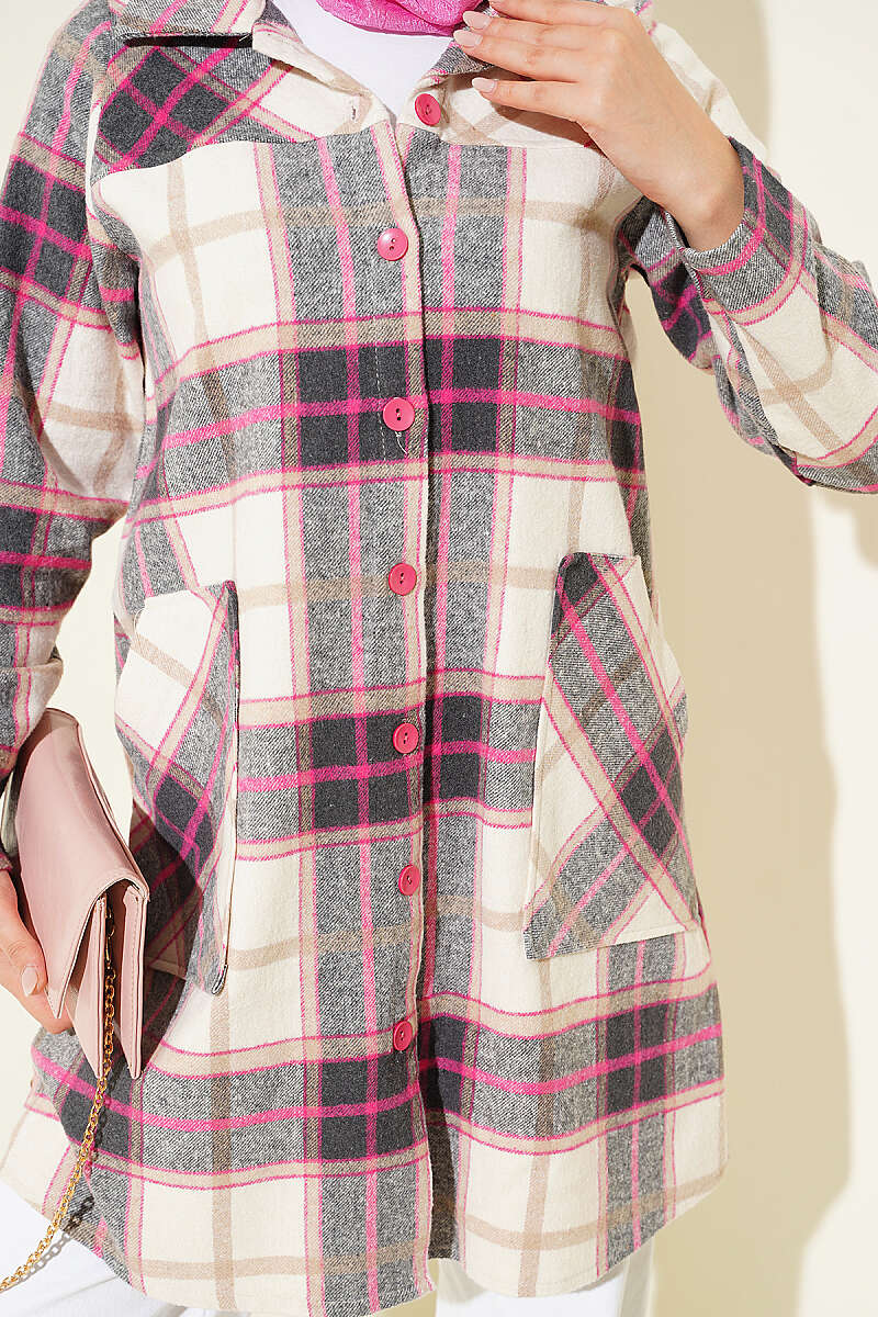 Hooded Pocketed Flannel Shirt Pink - الصورة 4
