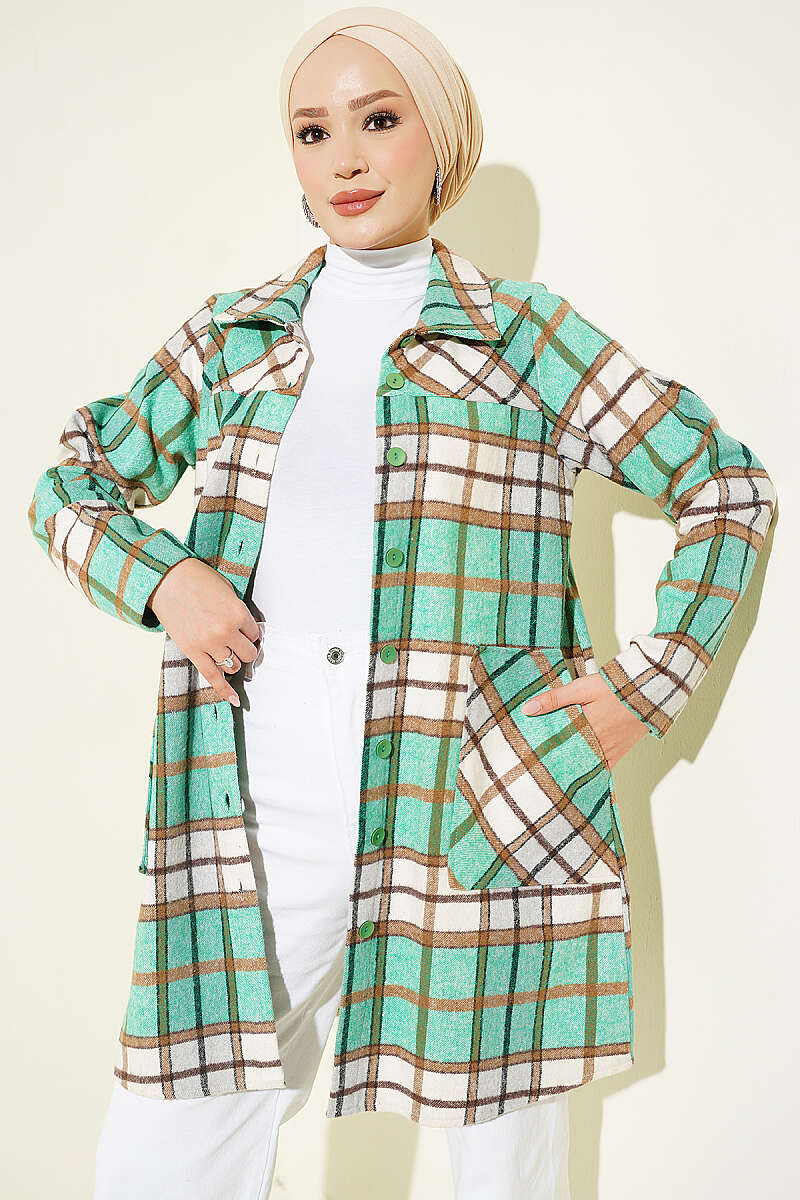 Hooded Pocketed Flannel Shirt Green