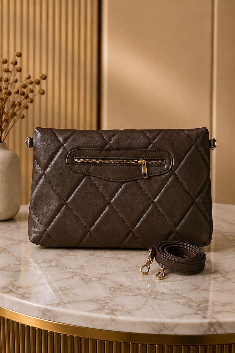 Quilted Zippered Portfolio Bag Dark Brown