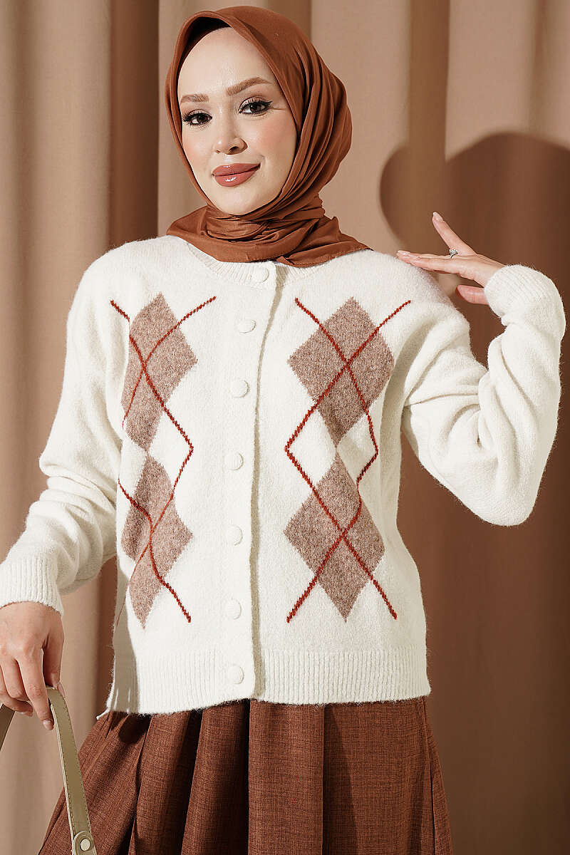 Buttoned Patchwork Pattern French Terry Knit Cardigan Ecru