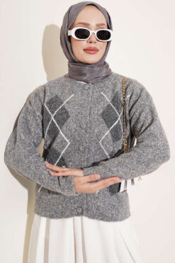Buttoned Patchwork Pattern French Terry Knit Cardigan Grey