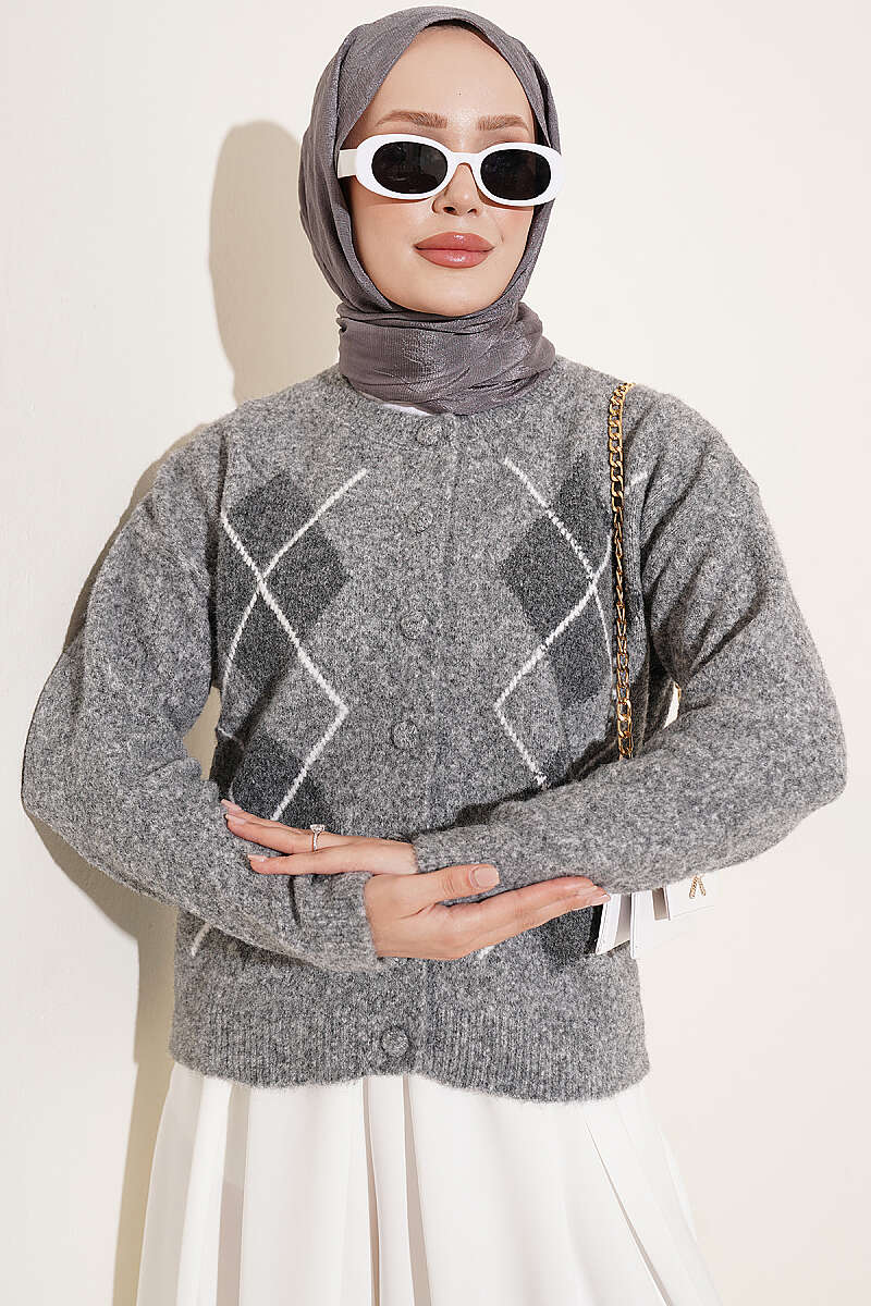 Buttoned Patchwork Pattern French Terry Knit Cardigan Grey
