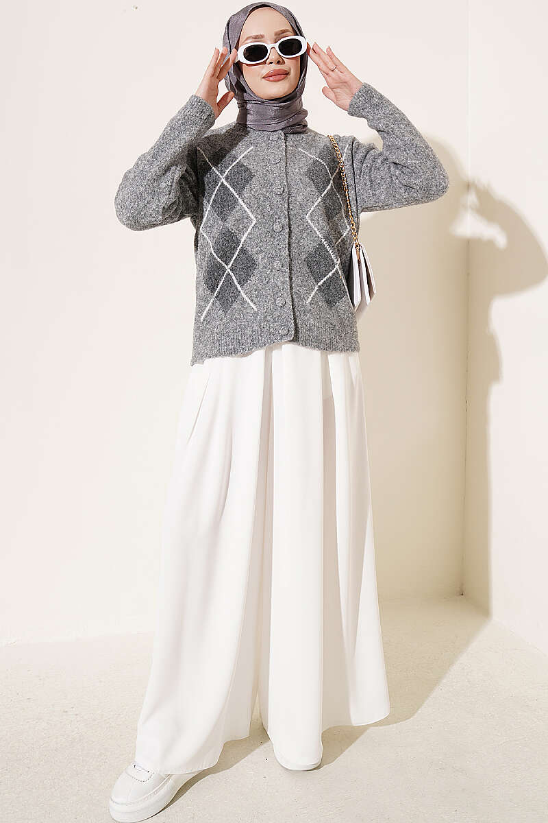 Buttoned Patchwork Pattern French Terry Knit Cardigan Grey - Imagen 2