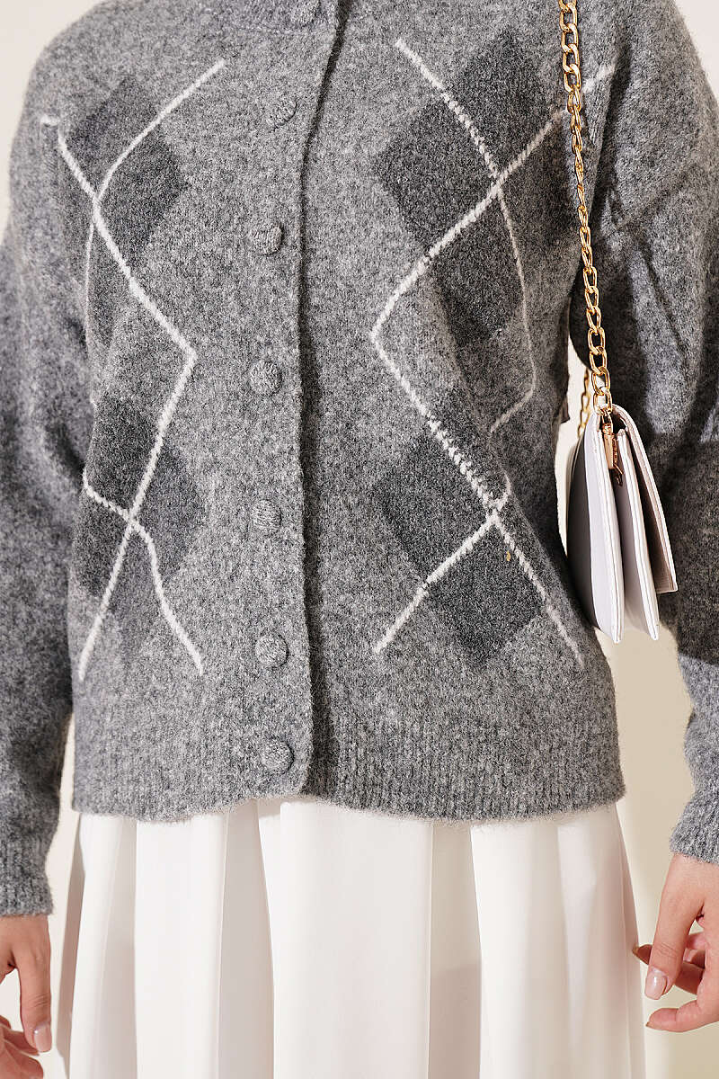 Buttoned Patchwork Pattern French Terry Knit Cardigan Grey - Imagen 4
