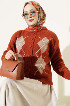 Buttoned Patchwork Pattern French Terry Knit Cardigan Terracotta