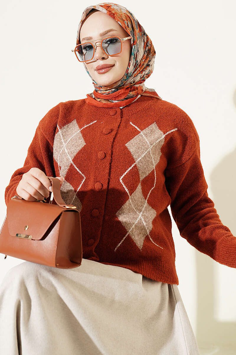 Buttoned Patchwork Pattern French Terry Knit Cardigan Terracotta