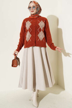 Alternative view of Buttoned Patchwork Pattern French Terry Knit Cardigan Terracotta