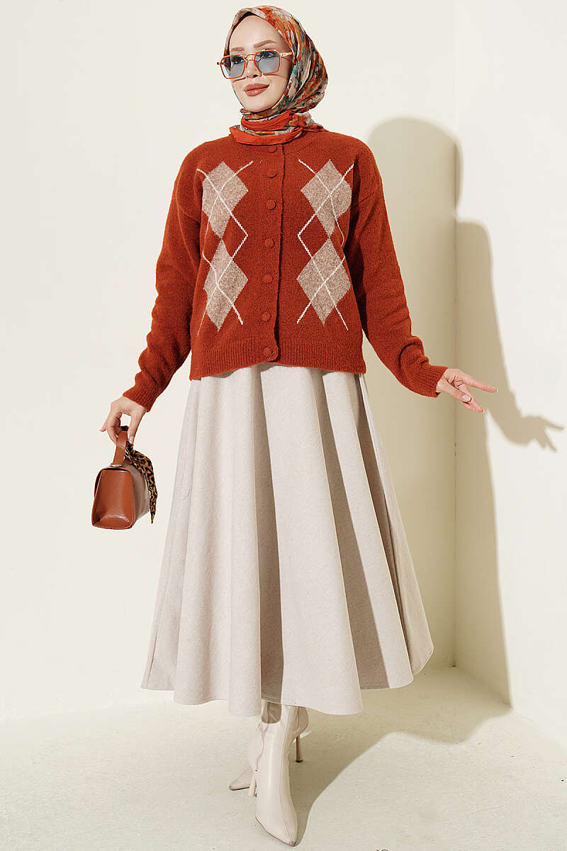 Buttoned Patchwork Pattern French Terry Knit Cardigan Terracotta - immagine 2