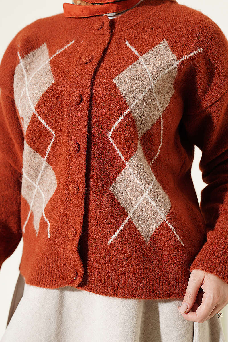 Buttoned Patchwork Pattern French Terry Knit Cardigan Terracotta - immagine 4