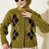 Buttoned Patchwork Pattern French Terry Knit Cardigan Oil Green