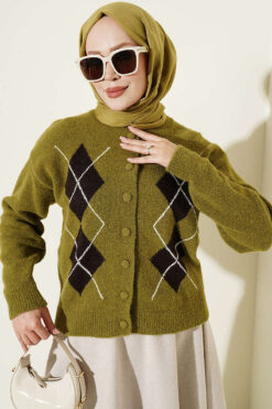 Buttoned Patchwork Pattern French Terry Knit Cardigan Oil Green