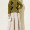 Buttoned Patchwork Pattern French Terry Knit Cardigan Oil Green - Image 2