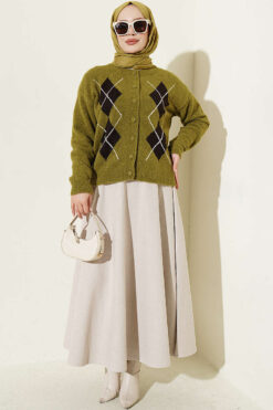 Alternative view of Buttoned Patchwork Pattern French Terry Knit Cardigan Oil Green