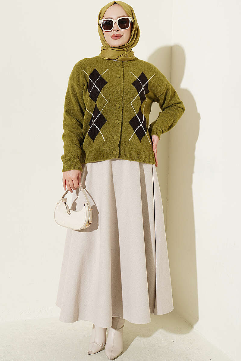 Buttoned Patchwork Pattern French Terry Knit Cardigan Oil Green - Image 2