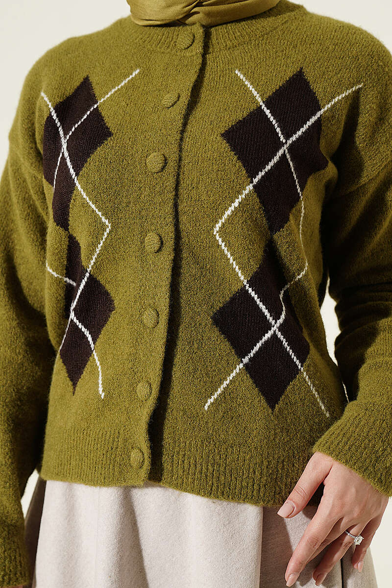 Buttoned Patchwork Pattern French Terry Knit Cardigan Oil Green - Image 4