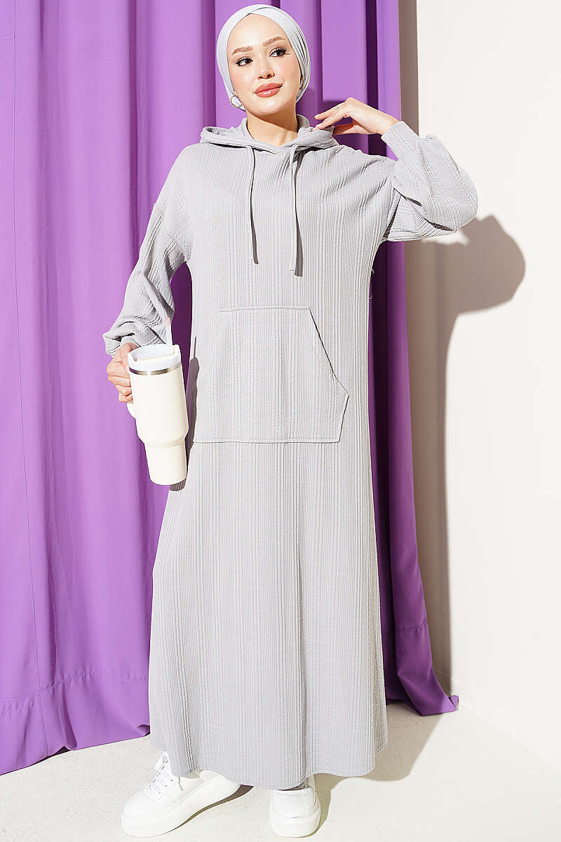 Hooded Dress with Pocket Details Grey