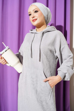 Alternative view of Hooded Dress with Pocket Details Grey