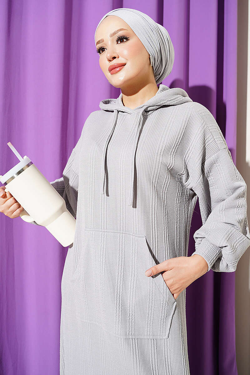 Hooded Dress with Pocket Details Grey - Imagen 2