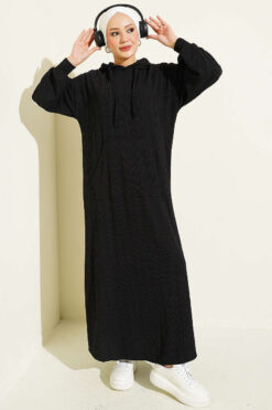 Hooded Dress with Pocket Details Black