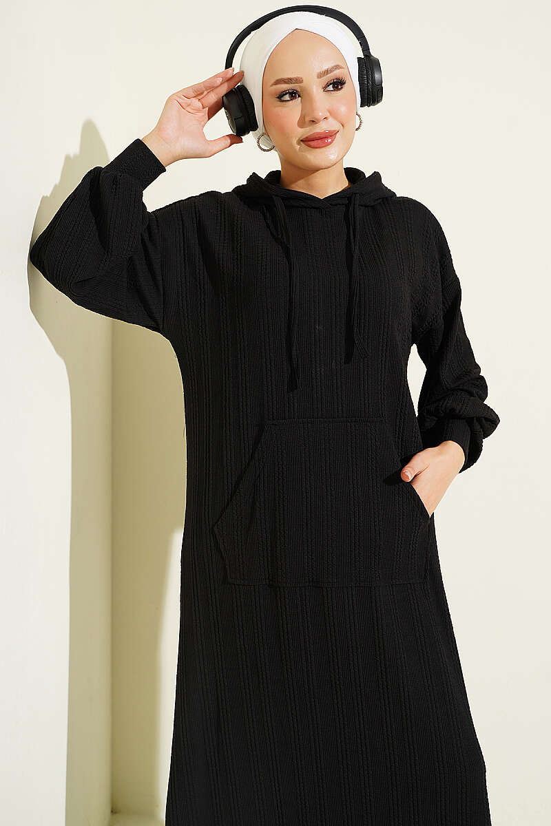 Hooded Dress with Pocket Details Black - الصورة 2