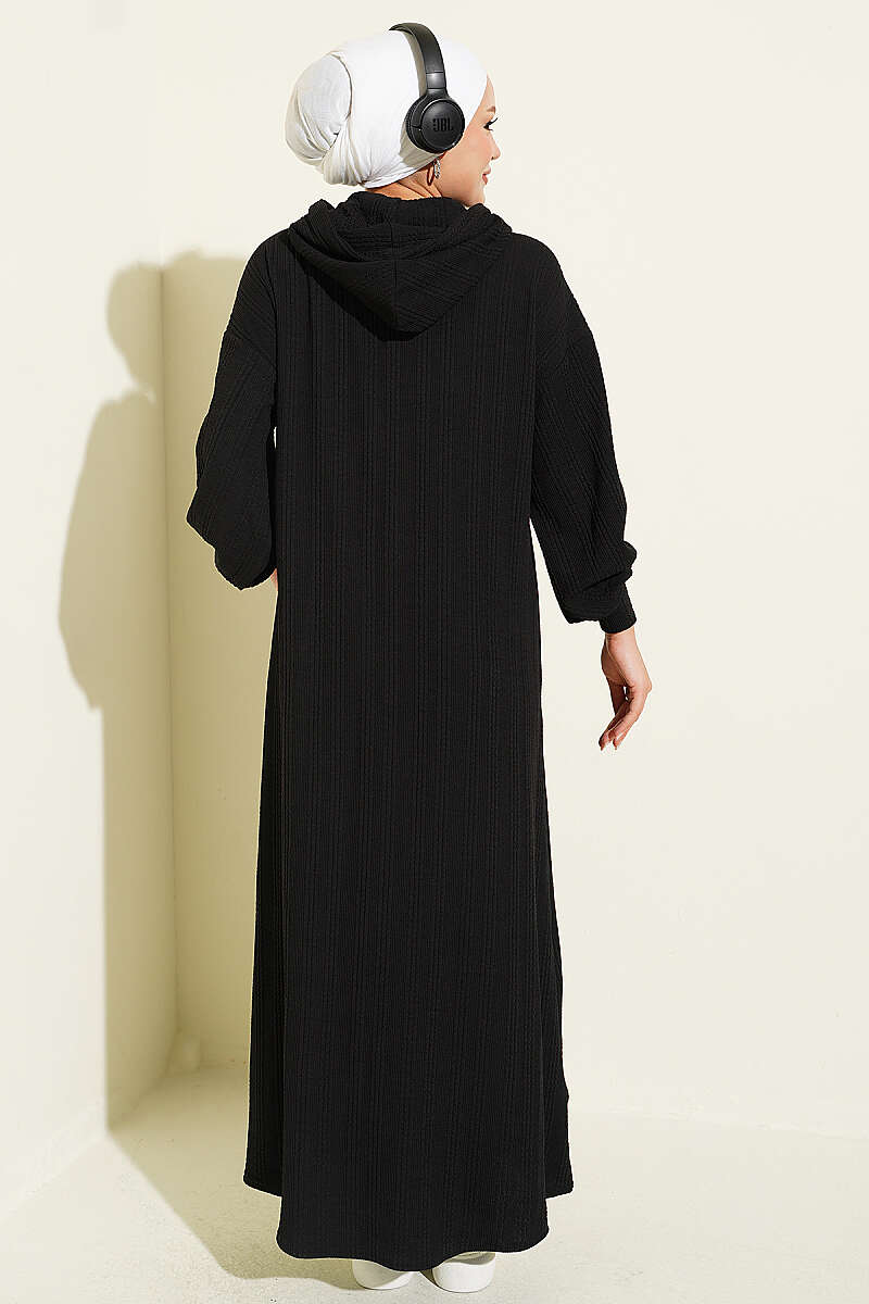 Hooded Dress with Pocket Details Black - الصورة 3