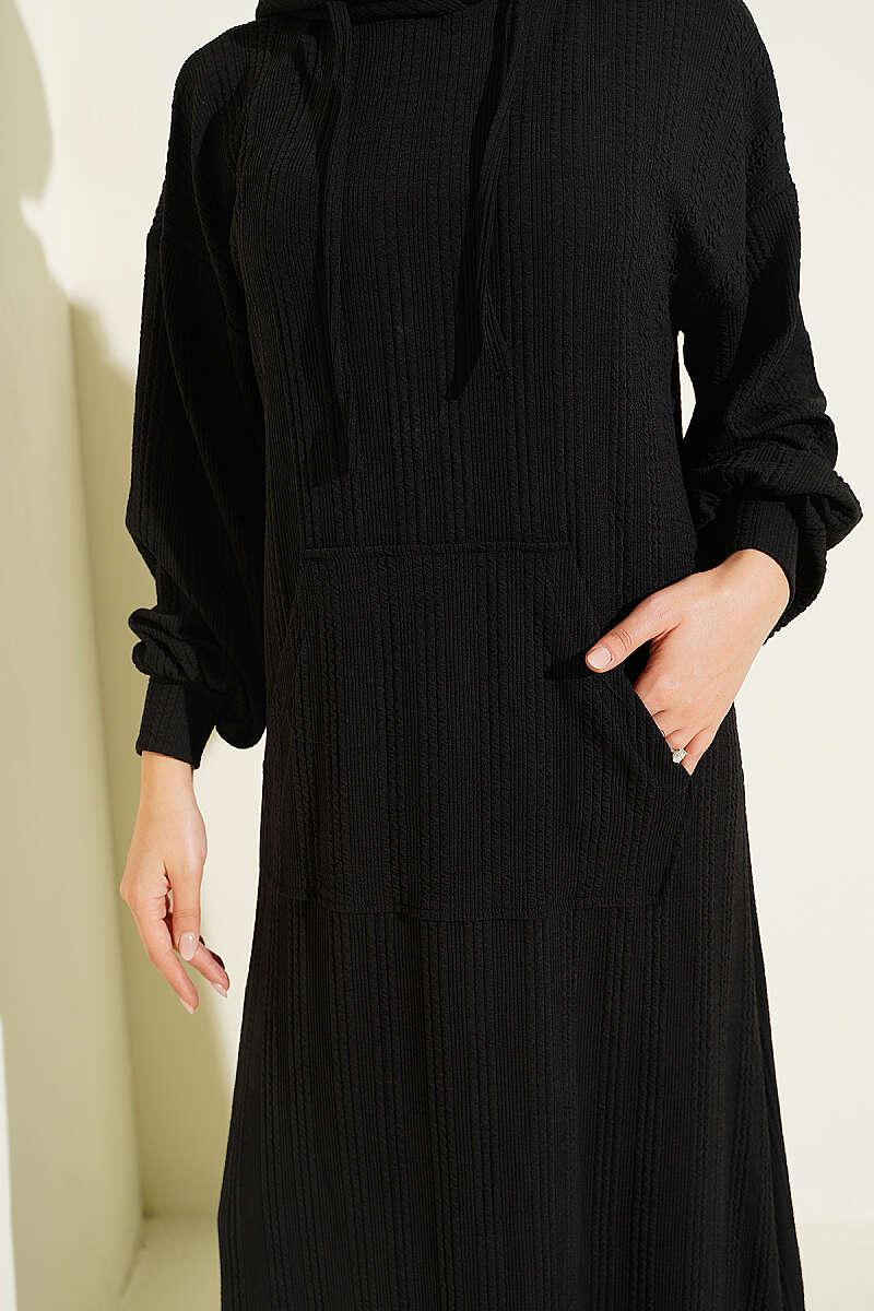 Hooded Dress with Pocket Details Black - الصورة 4