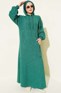 Hooded Dress with Pocket Details Green
