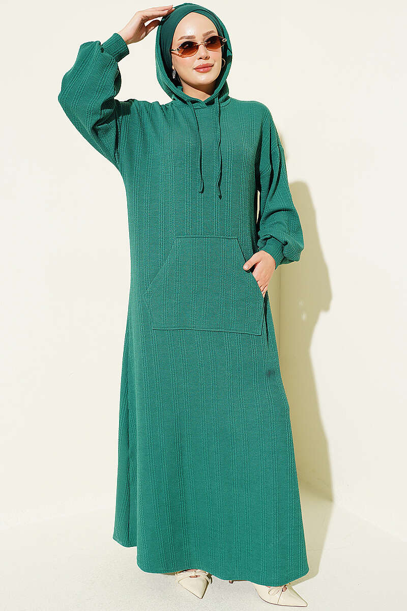 Hooded Dress with Pocket Details Green